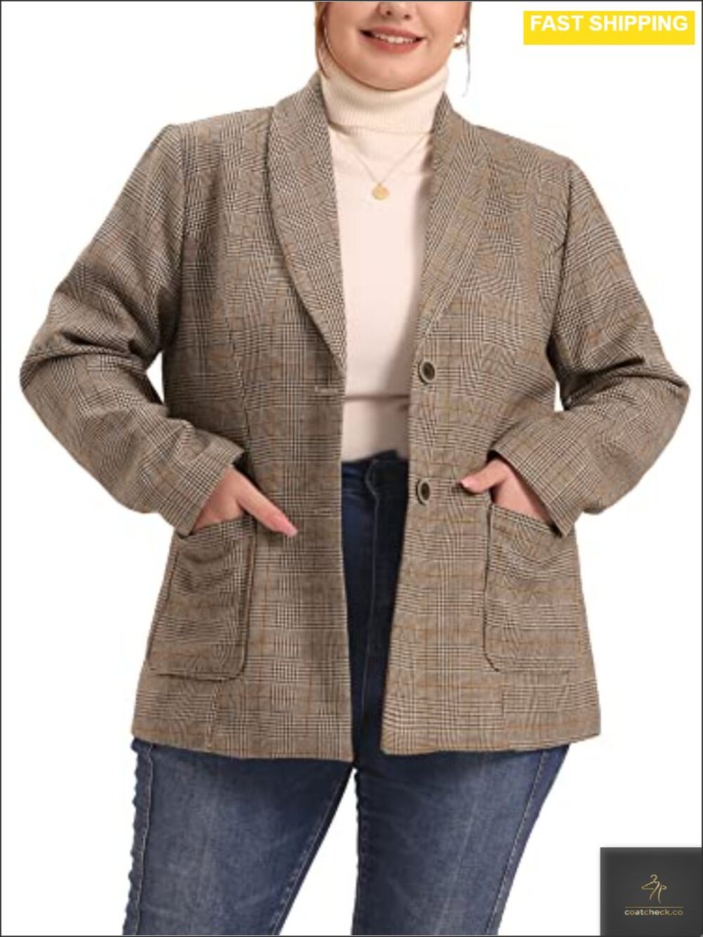 Plus Size Plaid Blazer Long Sleeve Lapel Jacket Work Office Single Breasted